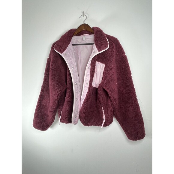 Fabletics Jacket Womens Small Burgundy Pink Sherpa Fleece Zip Pockets Warm - Picture 1 of 7